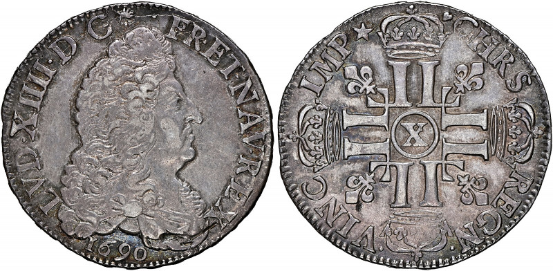 France 
1/2 Ecu, 1690 X, Amiens mint (Ciani 1890; Gad. 184).
A well struck exa...