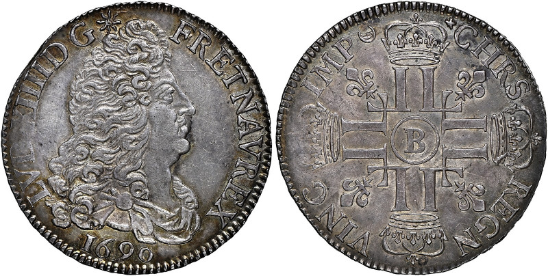 France 
1/2 Ecu, 1690 B, Rouen mint (Gad. 184).
A well-struck example, extreme...