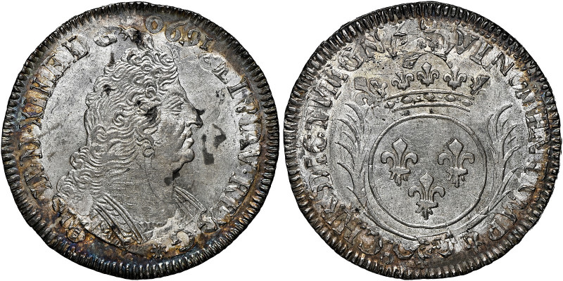 France 
1/2 Ecu, 1693, palm type (Gad. 185).
Overstruck with clear date 1690 v...