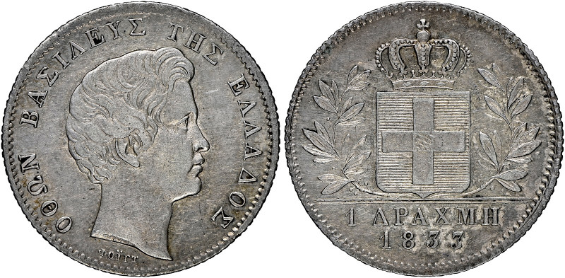 Greece 
1 Drachma, 1833, First Type, Munich mint (KM15; Divo 12c).
A good very...