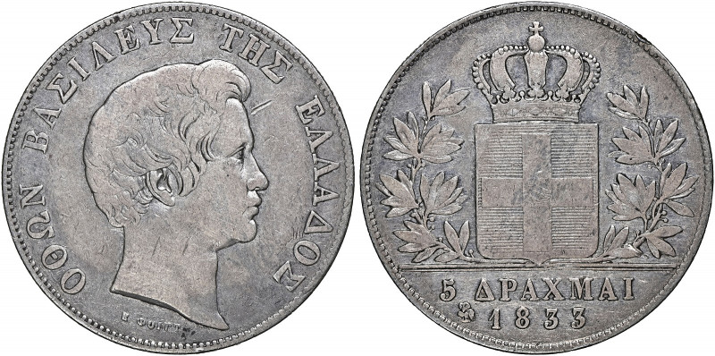 Greece 
5 Drachmai, 1833-Owl, First Type, Athens mint, struck in 1843 (KM20; Di...
