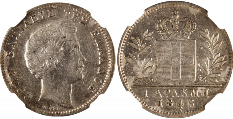 Greece 
1 Drachma, 1846, First Type, Athens mint (KM15; Divo 12f).
A very plea...
