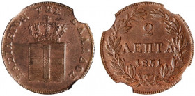 Greece 
2 Lepta, 1851, Fourth Type (KM31; Divo 28a).
Light brown tone, good extremely fine

Graded MS62BN NGC