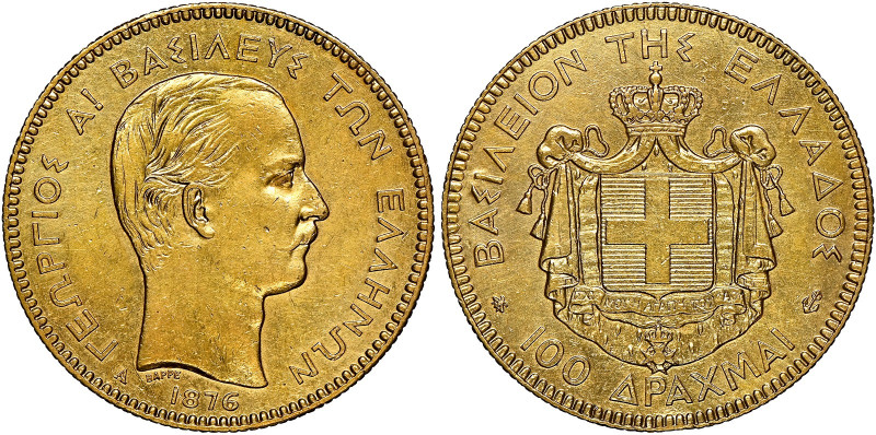 Greece 
AV 100 Drachmai, 1876A, Paris mint, Barre, mintage 76. ΓΕΩΡΓΙΟΣ Α! ΒΑΣΙ...