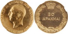 Greece 
Proof AV 20 Drachmai 1935 (1940), Heaton mint, commemorating the Fifth Anniversary of the Restoration of the Monarchy (KM74; Divo 112; Fr. 20...