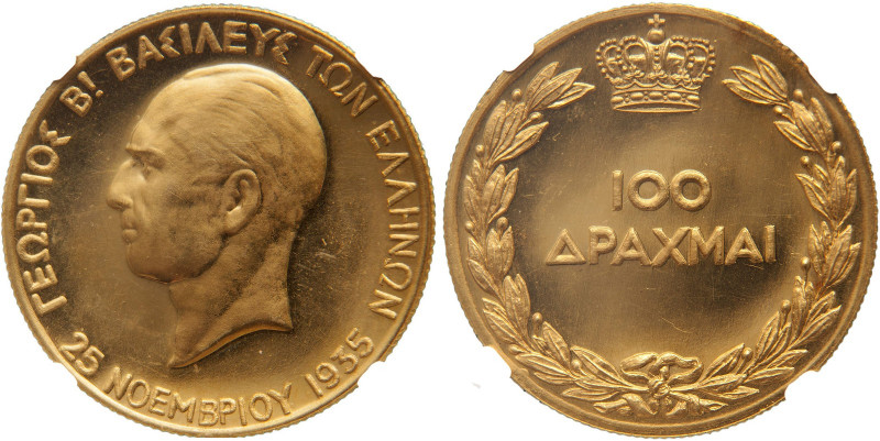 Greece 
Proof AV 100 Drachmai 1935 (1940), Heaton mint, commemorating the Fifth...