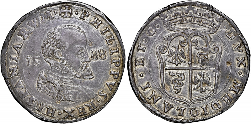Milan 
1/2 Scudo, 1588 (Crippa 26C).
Struck on a broad flan, with full legends...