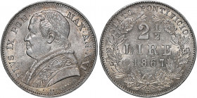 Papal 
Pius IX, 1846-1878. 2.5 Lire, 1867 R, Rome (Pag. 552; KM1384).
Light contact marks on obverse otherwise lustrous mint state

Graded MS62 NG...