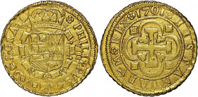 Spain 
Philip V, 1700-1746. AV "VIII" 8 Escudos, 1701 S-M, Seville mint, flowers beside fleece variety (Cal. 2266; Fr. 247; KM260).
An exceptional a...