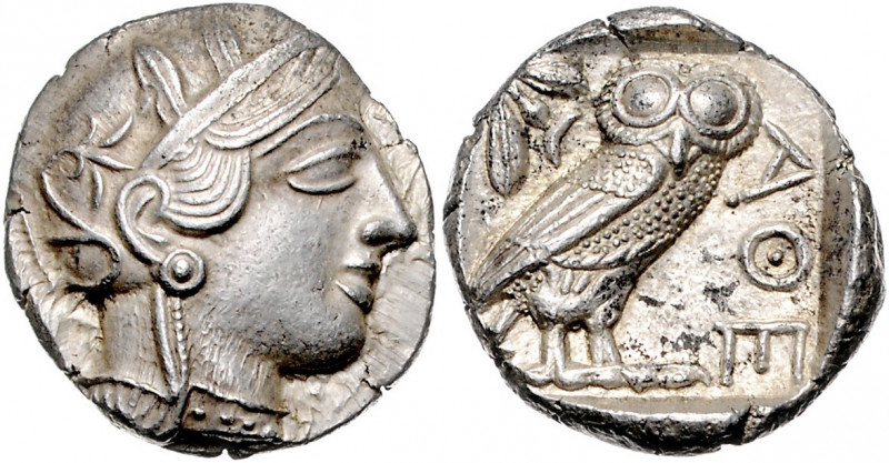 Griechen - Athen Tetradrachme nach 449 v. Chr. Athenakopf mit attischem Helm, Oh...