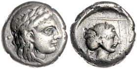 Griechen - Lesbos - Mytilene Elektron-Hekte (450-330 v. Chr.) Jugendlicher Kopf des Apollon nach rechts / Weiblicher Kopf mit Stephane nach rechts, im...