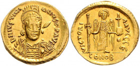 Byzanz Justinian I. 527-565 Solidus Konstantinopel (527-538) D N IVSTINIANVS P P AVC Geharnischte Büste von vorn / VICTORIA AVCCC E Stehender Engel mi...