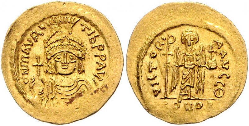 Byzanz Mauricius Tiberius 582-602 Solidus Konstantinopel (583-601) ON mAVRC TIb ...