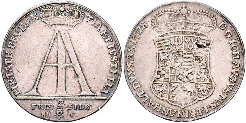 Anhalt - Zerbst Johann August 1718-1742 2/3 Taler 1728 Stolberg Dav. 205. Mann 3...