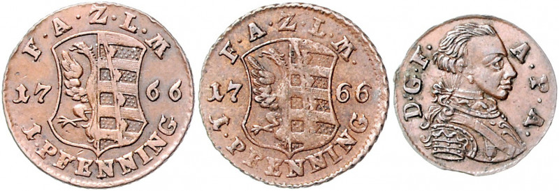 Anhalt - Zerbst Friedrich August 1747-1793 Lot von 3 Stücken: 1 Heller 1766 und ...