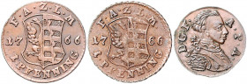 Anhalt - Zerbst Friedrich August 1747-1793 Lot von 3 Stücken: 1 Heller 1766 und 2x 1 Pfennig 1766 (Var. der Rückseite) Mann 381, 382. 
 ss-vz