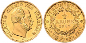 Brandenburg in den Marken - Preussen Wilhelm I. 1861-1888 1/2 Vereinskrone 1867 A Friedb. 2440. D./S. 174. Olding 435. Schlumb. 651. 
Prachtexemplar ...