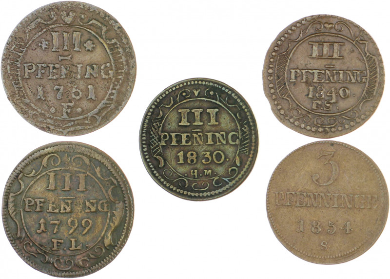 Mecklenburg - Wismar, Stadt Lot von 5 Stücken: 3 Pfennig 1761 F, 1799 FL, 1830 H...