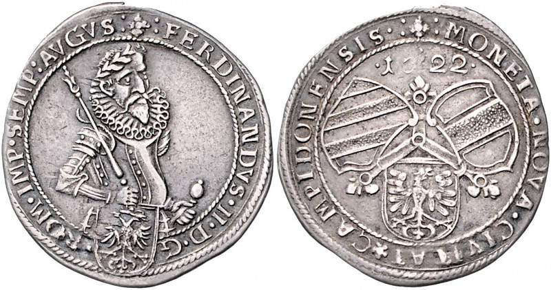 Kempten - Stadt 1/8 Taler 1622 mit Titel Ferdinand II., belorbeertes Hüftbild Ka...