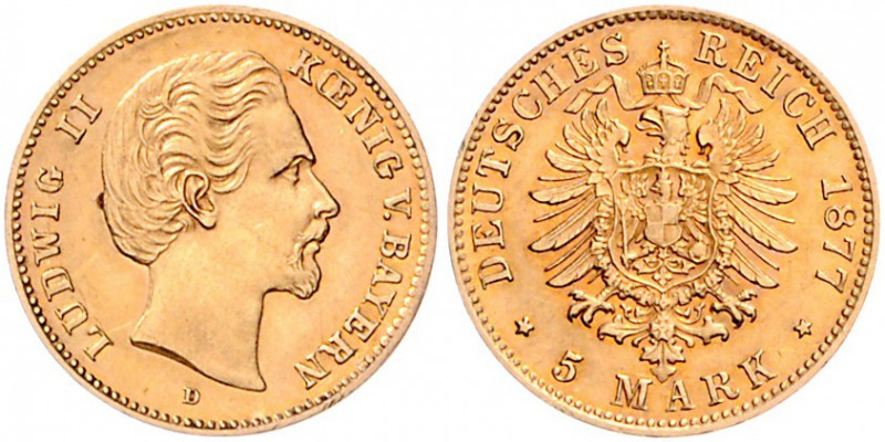 Bayern Ludwig II. 1864-1886 5 Mark 1877 D J. 195. 
 vz+