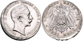 Preussen Wilhelm II. 1888-1918 3 Mark 1910 Fehlprägung: 10 % dezentriert J. zu103. Schaaf -. 
16,70 g vz