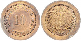 Ersatzmünzen des 1. Weltkrieges 10 Pfennig 1915 A Probe mit reduziertem Münzbild der Wertseite von J. 13 und Rückseite von J. 12. Messing mit glattem ...