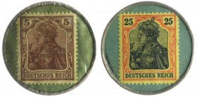 Notgeld Lot von 2 Stücken Briefmarken-Kapselgeld: 5 Pfg. der Fa. Schuhwaren Alfred Fränkel und 25 Pfg. Fa. Opel in Frankfurt 
 vz