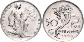 Weimarer Republik 50 Pfennig 1925 D Motivprobe von Karl Goetz, geprägt auf dünnem Silberschrötling. J. zu318 /324. Schaaf 324G5. 
2,56 g, in diesem M...