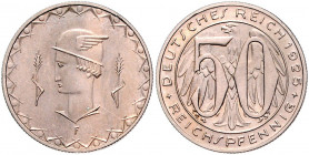 Weimarer Republik 50 Pfennig 1925 F Motivprobe in Kupfer-Nickel, Wertzahl im Adler. J. zu318 /324. Schaaf 324G6. 
5,11 g vz