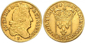 Frankreich Louis XIV. 1643-1715 1/2 Louis d'or 1691 D - Lyon á l'écu, Jahreszahl im Stempel aus 1690 geändert Friedb. 430. Dupl. 1436. 
 ss