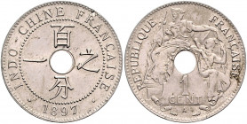 Französisch-Indochina 1 Cent 1897 A ESSAI Pré-serie en Maillechort (Nickel, nicht magnetisch) Lecompte 51. 
winz. Sf.a.Rd., sehr selten vz