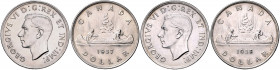Kanada George VI. 1936-1952 Lot von 2 Stücken: 1 Dollar 1937 und 1938 (kl.Kr.) KM 37. 
 vz- und f.vz