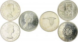 Kanada Elisabeth II. Lot von 3 Stücken: 1 Dollar 1958 British Colombia, Totempfahl (KM 55), 1 Dollar 1964 Quebec, Charlottetown (KM 58) und 1 Dollar 1...