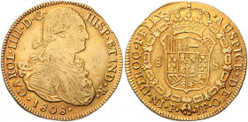 Kolumbien Carlos IV. 1788-1808 8 Escudos 1808 P-JF Popayan Friedb. 52. AC 1690. 
26,86g gutes ss