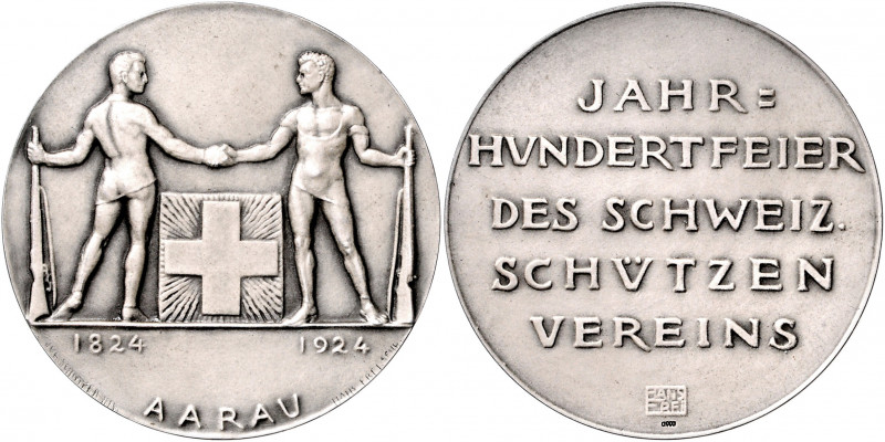 Schweiz - Schützenmedaillen Aargau Silbermedaille 1924 mattiert (v. Frei) auf da...