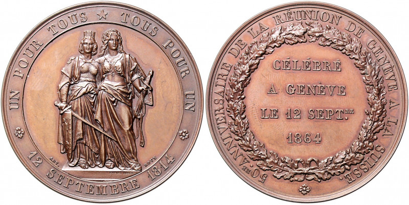 Schweiz - Schützenmedaillen Genf Bronzemedaille 1864 (v. Bovy) auf den 50. Jahre...