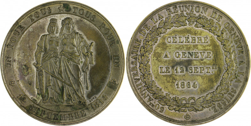 Schweiz - Schützenmedaillen Genf Versilberte Messingmedaille 1864 (v. Bovy) auf ...