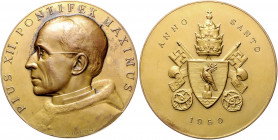Vatikan Pius XII. 1939-1958 Vergoldete Bronzemedaille 1950 (v. Hartig) auf das Heilige Jahr, i.Rd: BRONZE 
70,1mm 148,9g vz