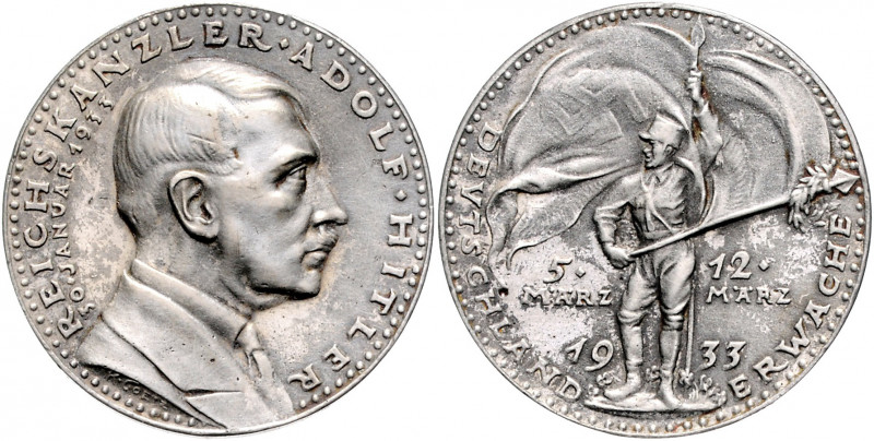 Medaillen von Karl Goetz Versilberte Weißmetallmedaille 1933 Reichskanzler Adolf...