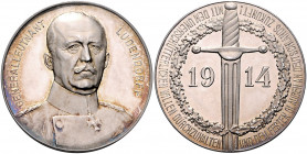 Erster Weltkrieg Silbermedaille 1914 (v. Lauer) Brustbild von Generalleutnant Erich Ludendorff 'Mit dem unerschütterlichen Willen durchzuhalten...', i...