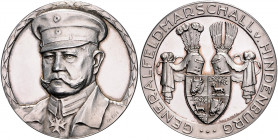 Erster Weltkrieg Silbermedaille 1914 (v. Eue/Grünthal) auf Generalfeldmarschall v. Hindenburg, i.Rd: SILBER 990 Zetzm. 6010 var. 
min. ber., 34,1mm 1...