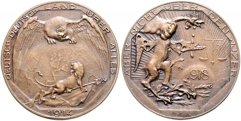 Erster Weltkrieg Bronzemedaille 1914 (unsign.) Satire auf die gescheiterte Überq...