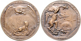 Erster Weltkrieg Bronzemedaille 1914 (unsign.) Satire auf die gescheiterte Überquerung der Gebiete um den Yser-Kanal 
30,5mm 8,6g äußerst selten vz-s...