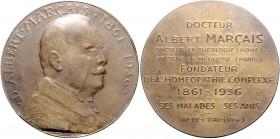 Medicina in nummis Bronzemedaille 1936 (v. Canale) auf Dr. Albert Marcais 1861-1936, Begründer der Homöopathie Brett. -. 
50,7mm 55,5g vz