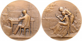 Numismatiker in nummis - Dupre, Georges 1869-1909 Bronzemedaille o.J. Jugendstil (ca. 1905 v. Dupre) Der Medailleur am Werktisch sitzend, i.Rd: Füllho...