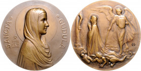 Religion Bronzemedaille 1931 (v. Jourdain) Heilige Gudula von Brüssel, i.Rd: FISCH&CIE. 
69,5mm 116,8g vz-st