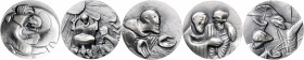 Religion Serie von 5 Silber-Kunstmedaillen o.J. (v. Tot) auf 5 Stationen des Hlg. Franz v. Assisi, mit Punze 999 
je ca. 59,0mm 103-108,0g zusammen 5...