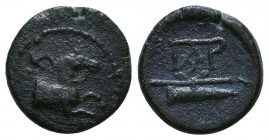 Aiolis. Kyme circa 100-0 BC. Ae.
KY, forepart of horse to right / Bow and quiver, above, monogram.
SNG Copenhagen 110-1.

Weight: 1.8 gr
Diameter: 13 ...
