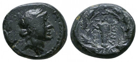 LYDIA. Sardes. Ae (2nd-1st centuries BC).
Obv: Laureate head of Apollo right.
Rev: ΣAPΔIA / NΩN.
Club right within wreath; monogram to right.
SNG Cope...