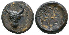 KINGS of PAPHLAGONIA. Pylaimenes. Circa 130 BC. Æ. 
Facing bull's head / [B]ASILEWS PULAIMENOU EUERGETOU, winged caduceus. 
RG pg. 127, 3; SNG BM Blac...